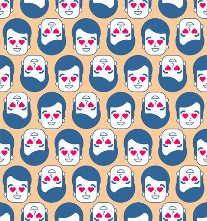 Enamored human Pattern seamless. A man in love Background. Guy with hearts in his eyes texture.のイラスト素材