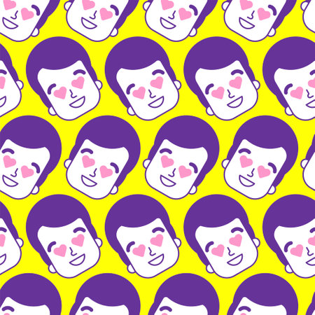 Enamored human Pattern seamless. A man in love Background. Guy with hearts in his eyes texture.