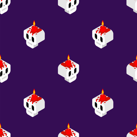 Skull with candle pattern seamless. Magic candle for the ritual background. Witch accessory textureのイラスト素材