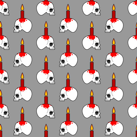 Skull with candle pattern seamless. Magic candle for the ritual background. Witch accessory textureのイラスト素材