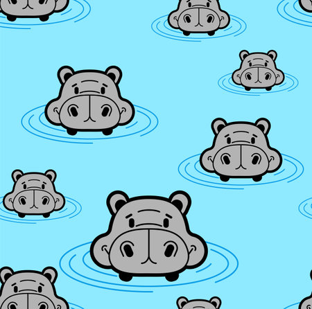 Hippo in water head pattern seamless. Ornament of kids fabricのイラスト素材