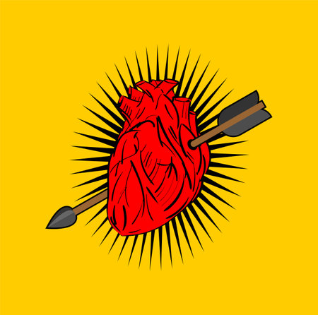 Anatomical Heart and arrow tattoo Sketch. Symbol of Love pierced anatomical heart.のイラスト素材