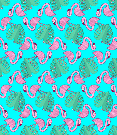 Pink flamingo and tropical leaves pattern seamless. water bird with pale pink plumage background. Ornament of kids fabricの写真素材