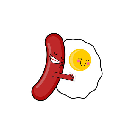 Egg and sausage love cartoon isolated. Fried egg and bacon. breakfast conceptのイラスト素材
