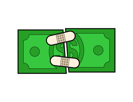 Dollar with bandaid. Torn money. money treatment conceptのイラスト素材