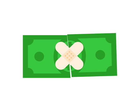 Dollar with bandaid. Torn money. money treatment conceptのイラスト素材
