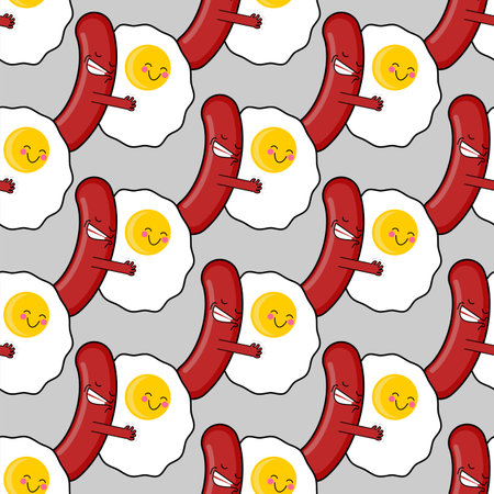 Egg and sausage love pattern seamless. Fried egg and bacon background. breakfast textureのイラスト素材