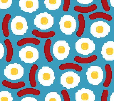 Egg and sausage pixel art pattern seamless. 8 bit Fried egg and bacon background. pixelated breakfast concept textureのイラスト素材