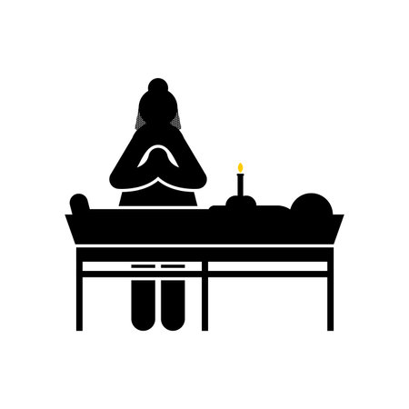 Widow sign icon. Widow at coffin. Funeral and deceased. concept of sorrow and sufferingのイラスト素材