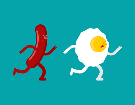 Egg and sausage love cartoon isolated. Fried egg and bacon. breakfast conceptのイラスト素材