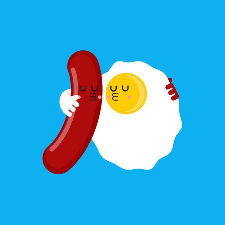 Egg and sausage love cartoon isolated. Fried egg and bacon. breakfast conceptのイラスト素材