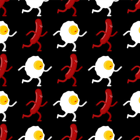 Egg and sausage pattern seamless. Fried egg and bacon background. breakfast textureのイラスト素材