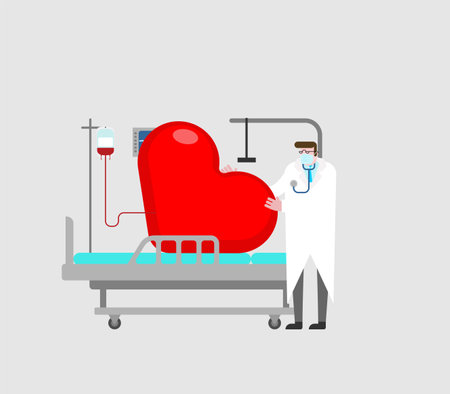 Sick love. Heart on hospital bed and doctorのイラスト素材