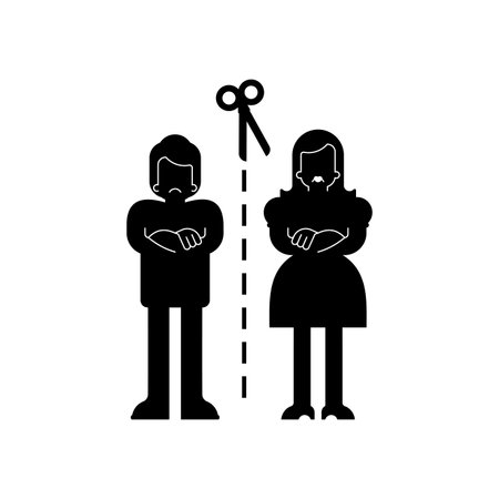 Divorce family sign. Scissors cut married couple. Concept of the end of love relationshipsのイラスト素材