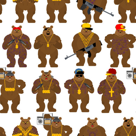 Bear gangster gang pattern seamless. Cool Beast background. SWAG gangsta ornament. Grizzly guy rapper textureのイラスト素材