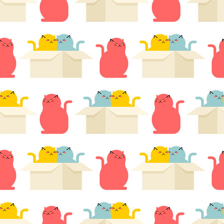 Cats in box Pattern seamless. Pet in cardboard box Background. House for cat texture. Kids fabric ornamentのイラスト素材
