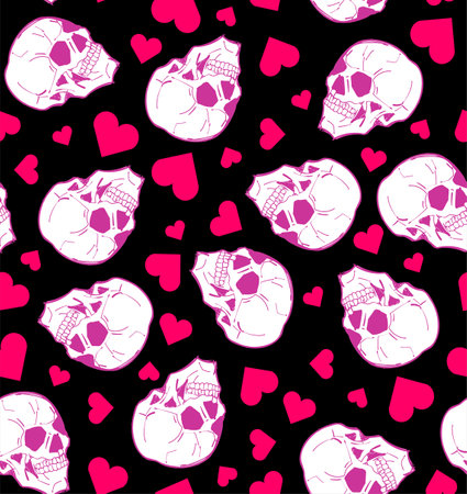 Skull with love pattern seamless. Skeleton head and Heart backgroundのイラスト素材
