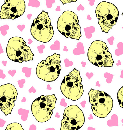 Skull with love pattern seamless. Skeleton head and Heart backgroundのイラスト素材