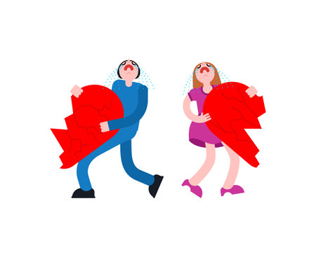 Couple separates with half heart. Broken love. Concept of divorce and separation of lovers.のイラスト素材