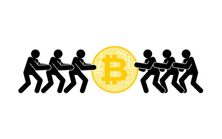 Businessmen pull Bitcoin. People share cryptocurrency. Concept of making financial profitのイラスト素材