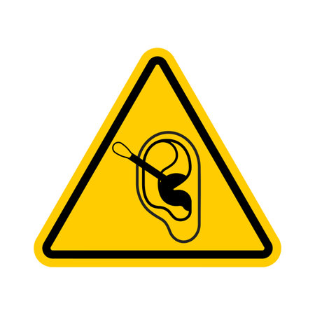 Attention your ear with an ear stick. Pay Caution! to listen. Yellow road triangular sign.のイラスト素材