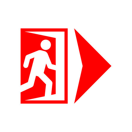 Exit sign evacuation icon. Man exiting door symbol. Exit sign for evacuation directionのイラスト素材