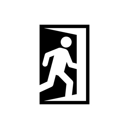 Exit sign evacuation icon. Man exiting door symbol. Exit sign for evacuation directionのイラスト素材