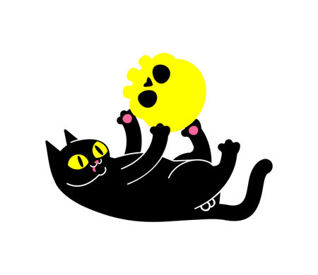 Cat plays with skull. Cat and skeleton head.のイラスト素材