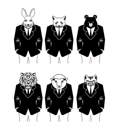 Animal businessman set. Hare and cat, lion and bear. Sheep and tiger in business suitのイラスト素材