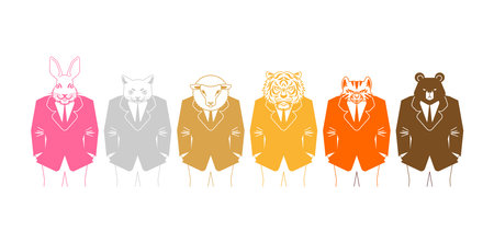 Animal businessman set. Hare and cat, lion and bear. Sheep and tiger in business suitのイラスト素材