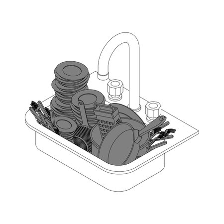 Dirty dishes in sink. Mountain of dirty plates and potsのイラスト素材