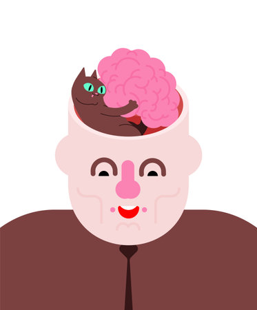 Cat and brain in head. Pet and brains. Concept: thoughts of cat loverのイラスト素材