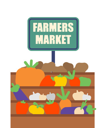 Farmers market stand full of fresh vegetables and fruits. Perfect for themes of organic food, local farming, healthy lifestyle.のイラスト素材