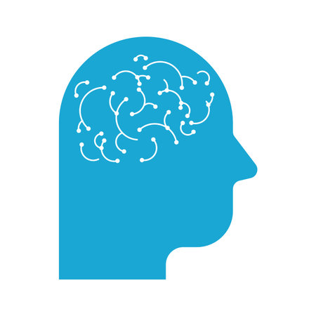 Abstract blue human head with visible neural network lines. Ideal for AI, psychology, tech, and brain science topics.のイラスト素材
