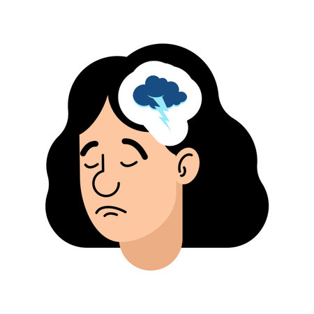 Woman with clouded mind and sad expression. Flat vector illustration symbolizing depression, anxiety, or mental fog. Conceptual psychology art.のイラスト素材