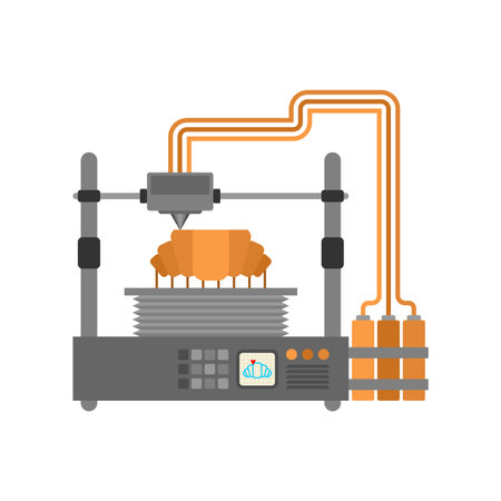 3D printer creating a croissant. Futuristic fusion of food tech and culinary design, symbolizing automation, innovation, and experimental cooking.のイラスト素材