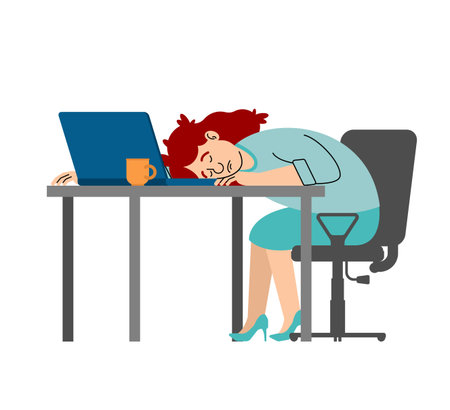 Overworked woman sleeping at her desk with laptop. Exhaustion, burnout, and work-life imbalance. Concept of fatigue and mental health.のイラスト素材