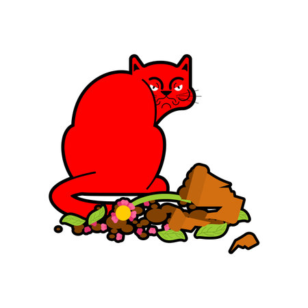 cat sitting next to a broken flower pot. Concept of naughty pets causing trouble at home.のイラスト素材