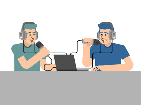 Two men recording a podcast with microphones and a laptop. Vector illustration about teamwork, digital media, communication, audio content creation, and modern online broadcasting.のイラスト素材