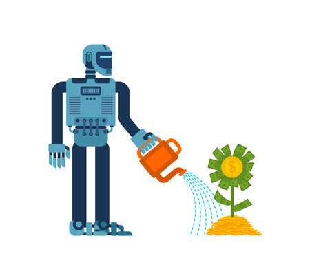 Robot watering a money tree. Concept of financial growth, technology, and smart investments for future success.のイラスト素材