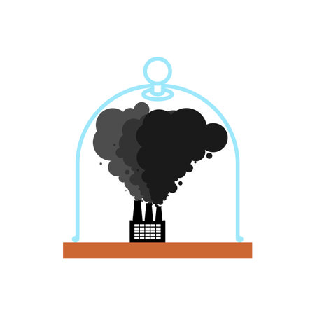 factory with smoke under a glass dome. Symbol of ecology, environmental protection, pollution, and climate issues. Perfect for eco-projects, environmental campaigns, and sustainability concepts.のイラスト素材
