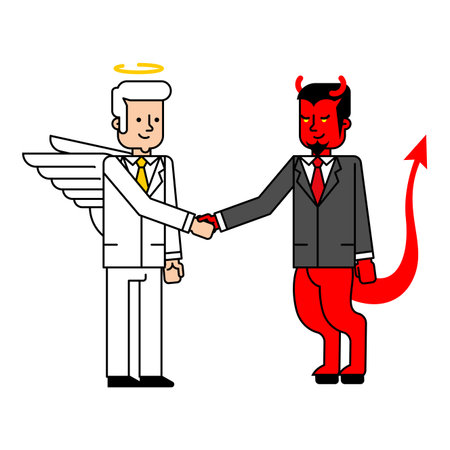 Balance and compromise concept. Angel (good) shaking hands with a demon (evil), symbolizing negotiation between opposing forces and moral dilemma.のイラスト素材