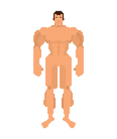 Retro pixel art muscular bodybuilder posing. 8-bit or 16-bit style icon for fitness, strength, gym, or gaming concepts.のイラスト素材