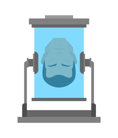 Cryogenic chamber storing a preserved human head, representing futuristic science, cryonics, and advanced preservation technology.のイラスト素材