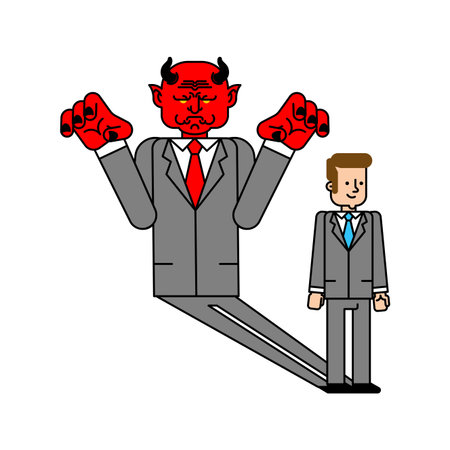 Small businessman standing under the shadow of a large devil/demon figure. Concept for temptation, risk, corruption, or power imbalance.のイラスト素材