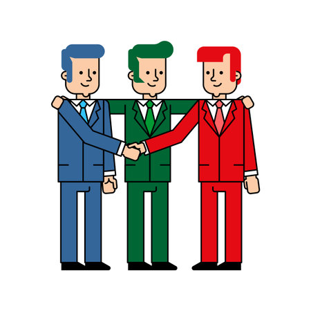 Three men standing together, shaking hands or embracing. Concept for teamwork, collaboration, successful partnership, or corporate group.のイラスト素材