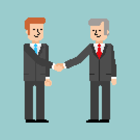 Retro pixel art business handshake between two men. 8-bit or 16-bit style icon for partnership, agreement, or digital commerce concepts.のイラスト素材