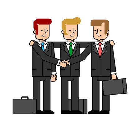 Three businessmen standing together, concluding a deal, handshake, or forming a triple alliance. Concept for successful partnership, collaboration, or corporate agreement.のイラスト素材