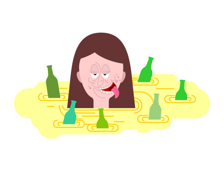 Woman drowning in yellow liquid with green beer bottles. Concept of female alcoholism, depression, and social addiction problems. Flat vector illustration on white.のイラスト素材