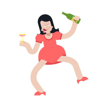 Drunk woman dancing in a puddle of beer with green bottles. Concept of wild party, female alcoholism and celebration consequences. Funny flat vector illustration on white.のイラスト素材